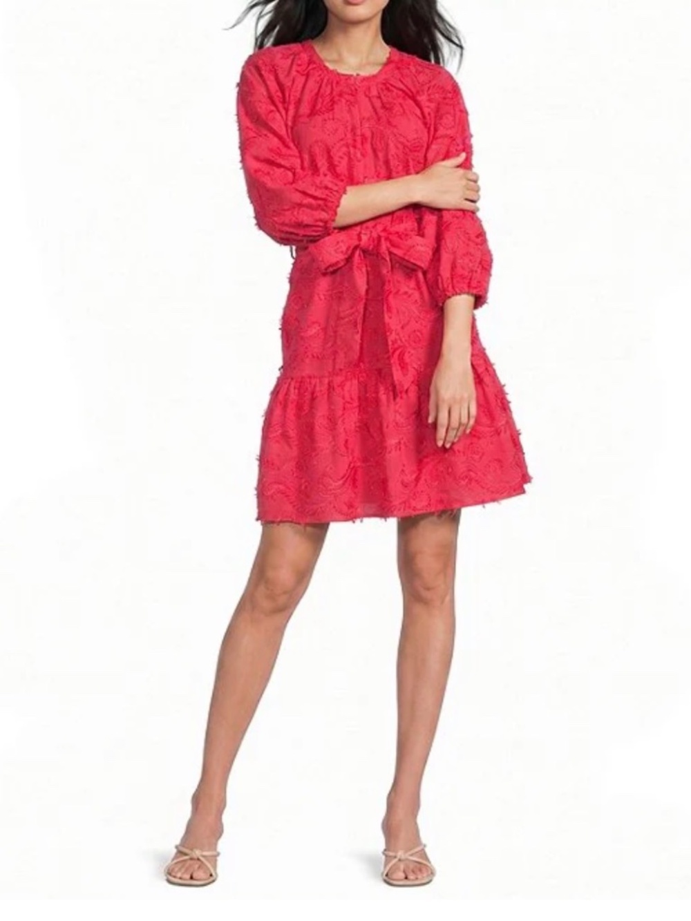 Abbey Glass Elise Organza Floral V-neck 3/4’length sleeve a line minidress